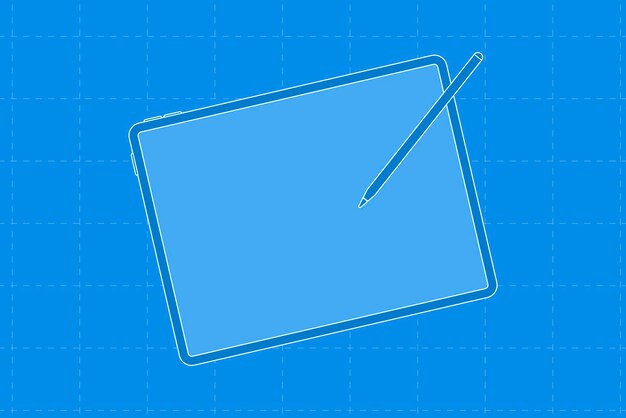 iPad, blue screen, stylus charging on top, digital device vector illustration