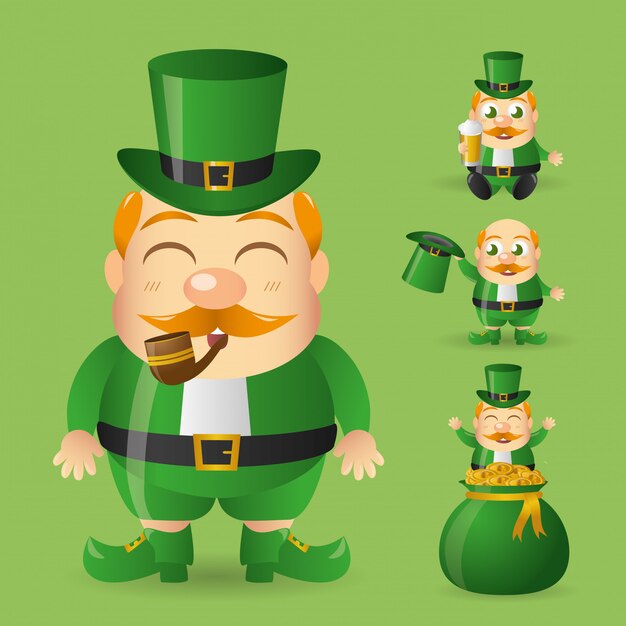 Irish goblin set smoking pipe with green hat and coming out of a bag of money. 