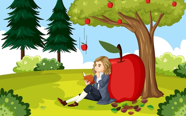 Isaac Newton sitting under apple tree