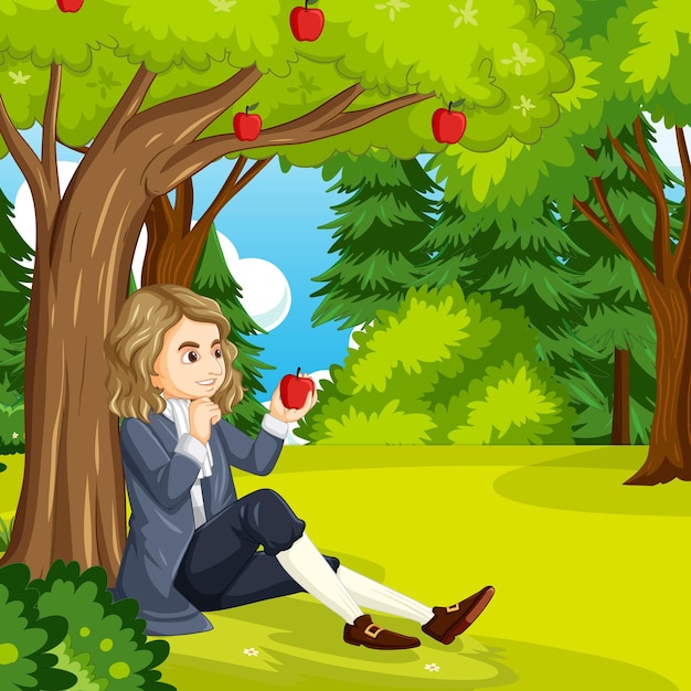 Isaac Newton sitting under apple tree