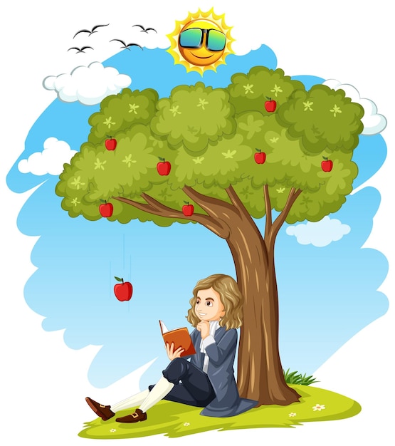 Isaac Newton sitting under apple tree