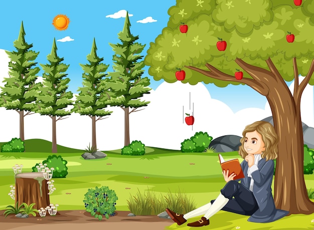 Isaac Newton sitting under apple tree