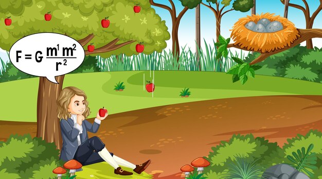 Isaac Newton sitting under apple tree