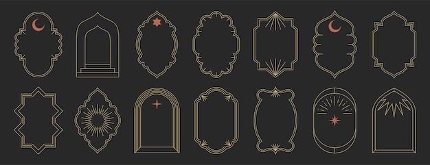 Free Vector islamic frame shapes set trendy boho thin line art arabic arches geometric minimalist aesthetic