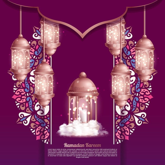 Free Vector islamic greetings ramadan kareem card design background with beautiful lanterns