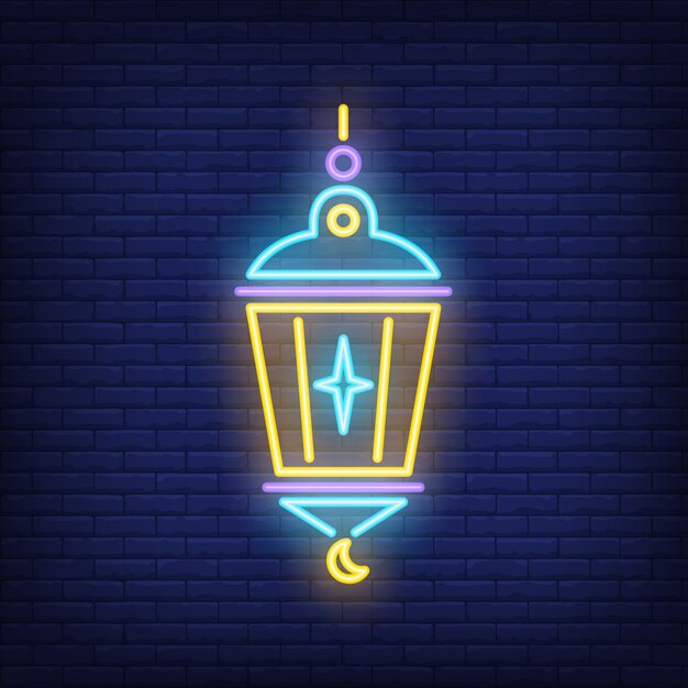 Islamic lantern neon sign. Lamp with star and crescent on dark brick wall background