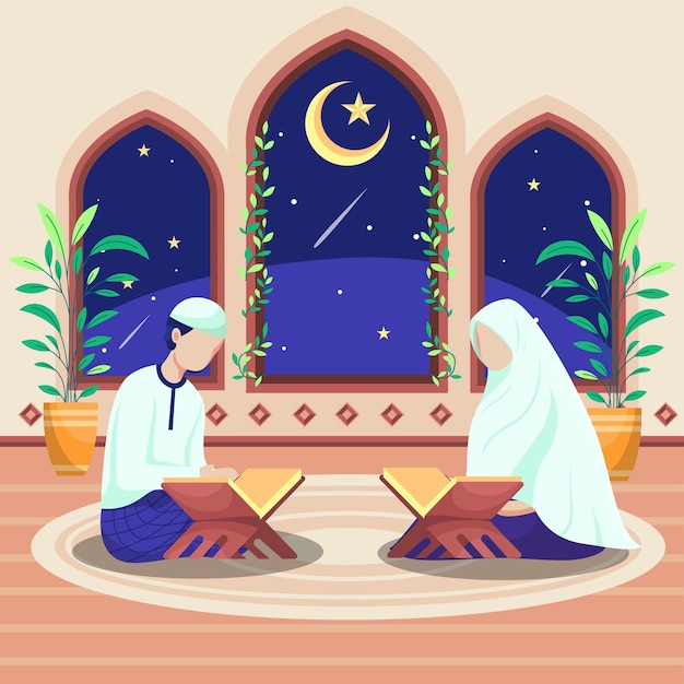 Free Vector islamic men and women sit and recite the quran inside the mosque. outside the mosque's window was a crescent moon and stars.