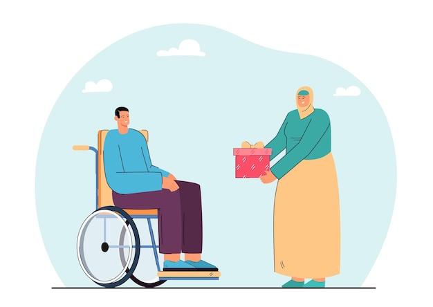 Free Vector islamic woman giving present to male person in wheelchair. man with physical disability receiving gift flat vector illustration. ramadan, support, disability concept for banner or landing web page