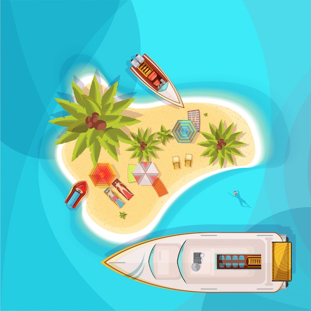 Free vector island beach top view with blue sea, people on loungers under parasols, boats, palm trees vector illustration