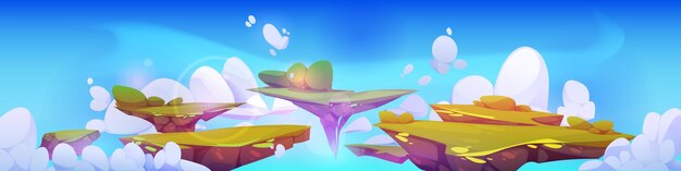 Island floating in sky fantasy game background Magic landscape with flying land environment for ui videogame design heaven dream paradise scenery with lawn platform level or fight grass arena