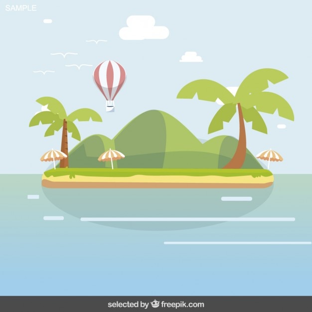 Free vector island landscape with hot air balloon