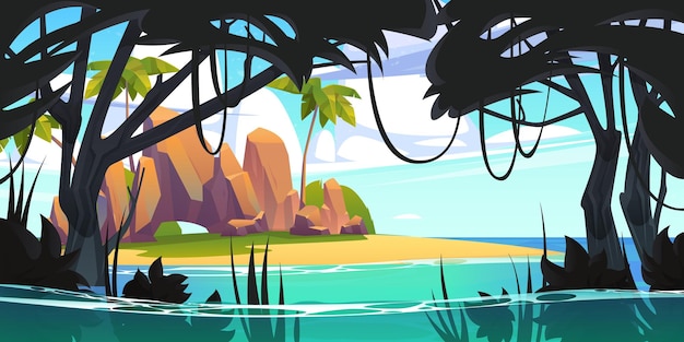 Island in ocean uninhabited secret pirate isle with beach palm trees jungle lianas and rocks at sea under cloudy sky Tropical landscape empty land game background Cartoon vector illustration