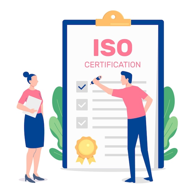 Free vector iso certification illustration with people and notepad