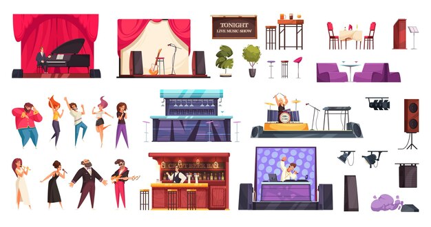 Isolated bar live music people icon set with different attributes for performance illustration