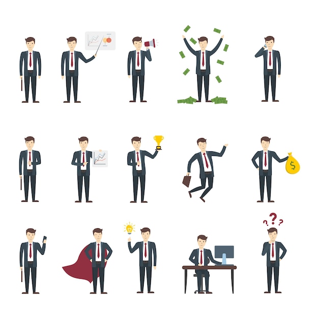 Free Vector isolated businessman set funny handsome businessman in suit in different poses on white background