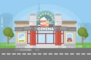 Free vector isolated cinema building house with cinema sign and secoration as pop corn urban street