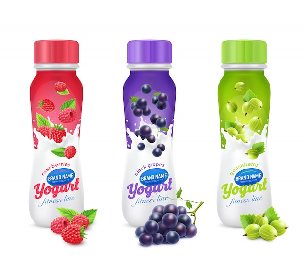 Free Vector isolated and colored realistic drinkable yogurt fruit and berries packaging design set