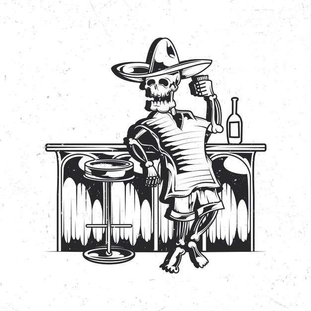 Isolated emblem with illustration of mexican drunk skeleton