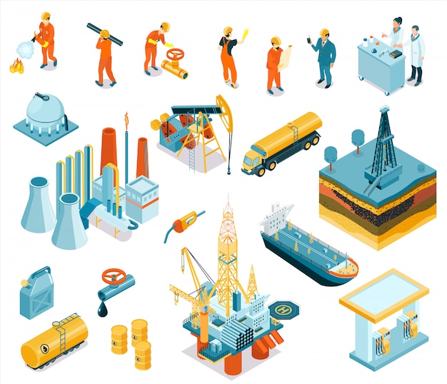 Isolated isometric oil industry workers icon set with employers working at the factory