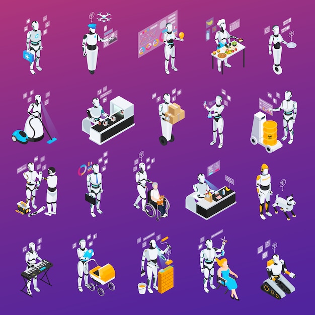 Free Vector isolated and isometric robot professions icon set police and home assistant chef baby sitter 