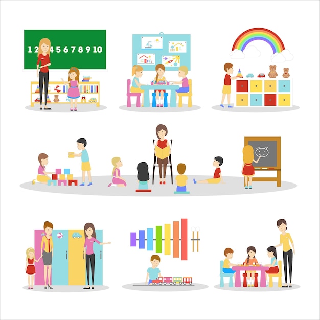 Isolated kindergarten set on white background Children with teachers and parents