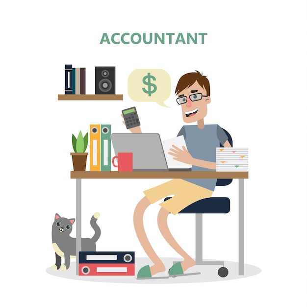 Free Vector isolated male accountant working at the table with documents calculator and computer