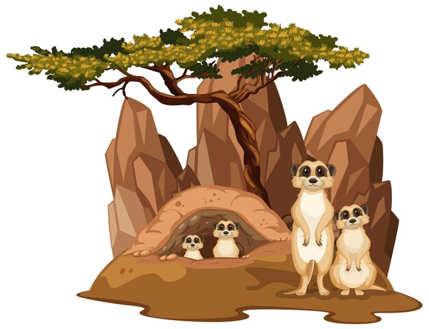 Isolated nature scene with meerkat family