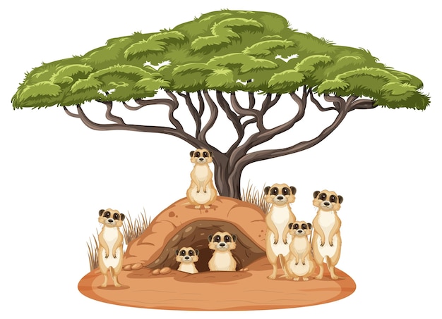 Isolated nature scene with meerkat family