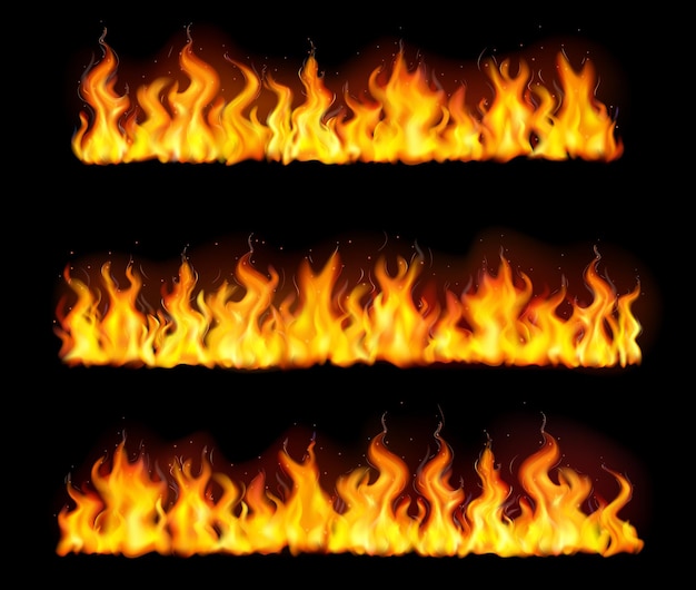 Isolated realistic fire flame borders icon set with three tall long pillars of fire  illustration