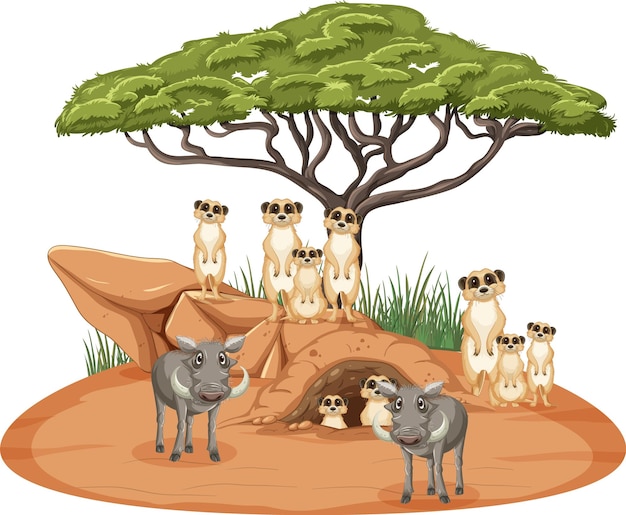 Isolated savanna forest with meerkat and boars