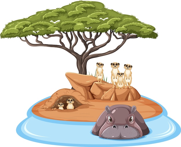 Free Vector isolated savanna forest with meerkat and hippopotamus