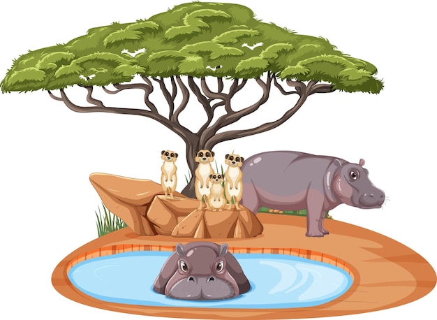 Isolated savanna forest with meerkat and hippopotamus