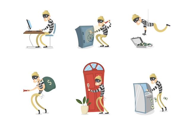 Free Vector isolated thief set cartoon man with mask stealing money