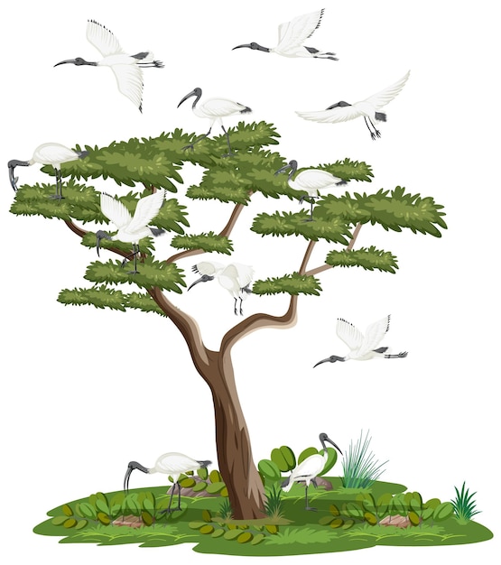 Isolated tree with Australian white ibis group