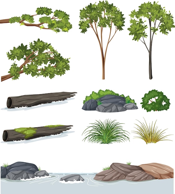 Free Vector isolated trees and nature objects set