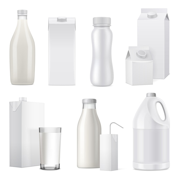 Isolated white realistic milk bottle package icon set from glass plastic and paper