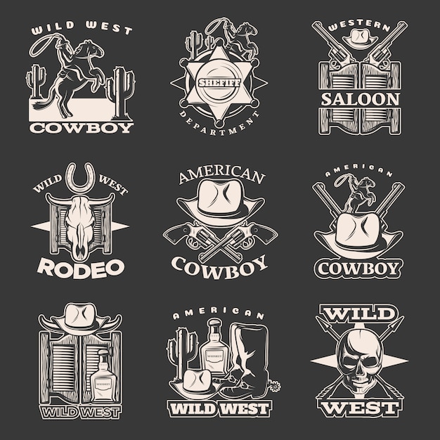 Isolated white wild west emblem set on dark with sheriff department western saloon American cowboy descriptions