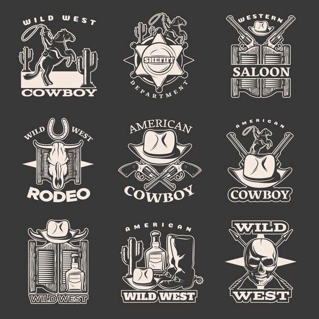 Isolated white wild west emblem set on dark with sheriff department western saloon American cowboy descriptions