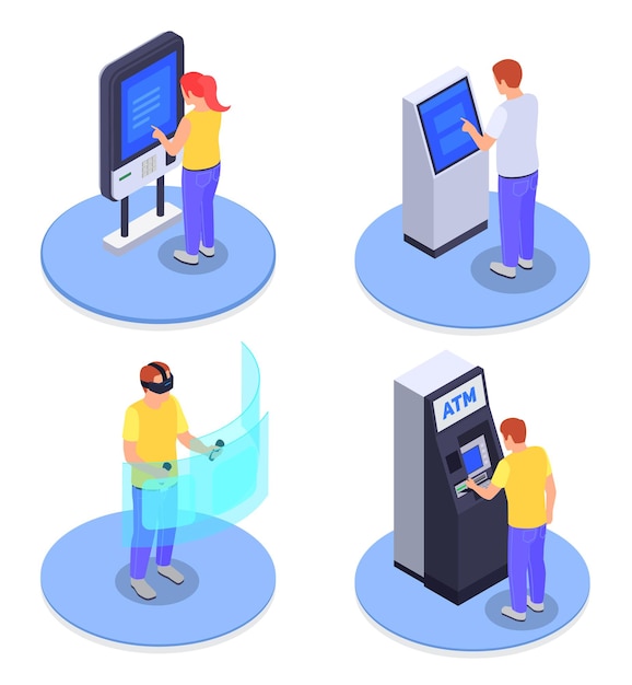 Free vector isometric 2x2 design concept with people using interfaces atm information kiosk virtual screen isolated