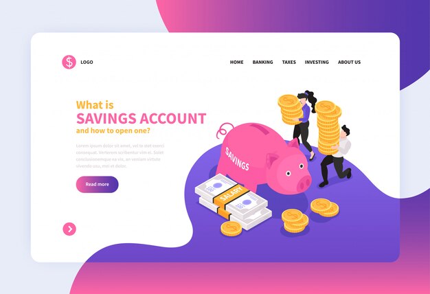 Isometric accounting concept landing page design with pig shaped still bank with links vector illustration