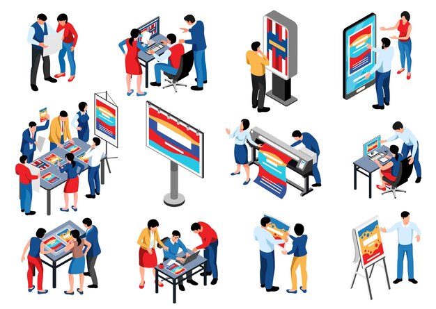 Isometric advertising agency icon set with compositions of creative workers making mockups with printers and gadgets vector illustration