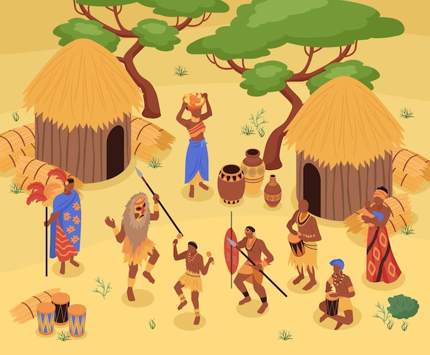 Isometric african people composition with outdoor landscape and view of tribal village with houses and people vector illustration