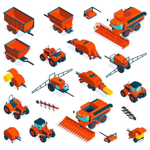 Free vector isometric agricultural farm equipment set of combine tractor cargo trailer mower plow bale baler grain harvester isolated vector illustration