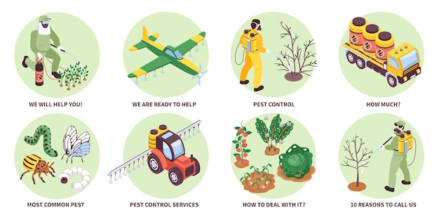 Free Vector isometric agriculture pest control compositions set with farm workers and equipment isolated vector illustration