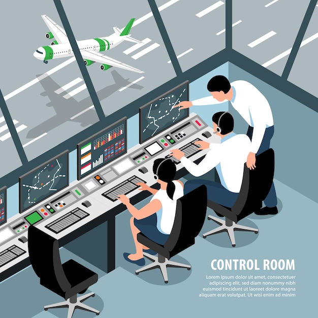 Free vector isometric airport traffic control team illustration with indoor scenery aircraft control room operators and editable text