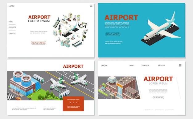 Isometric airport websites collection with airplane buildings airlines custom and passport controls check-in desk buses passengers escalator baggage conveyor belt