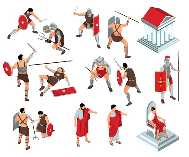 Free Vector isometric ancient rome gladiators set with isolated icons and characters of patricians and fighters with weapons vector illustration