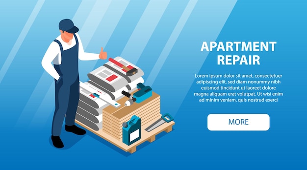 Isometric apartment repair horizontal banners set landing page