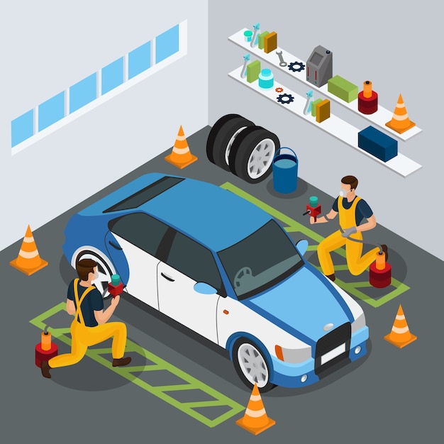 Isometric auto service concept with professional workers painting car in uniform with spray guns isolated