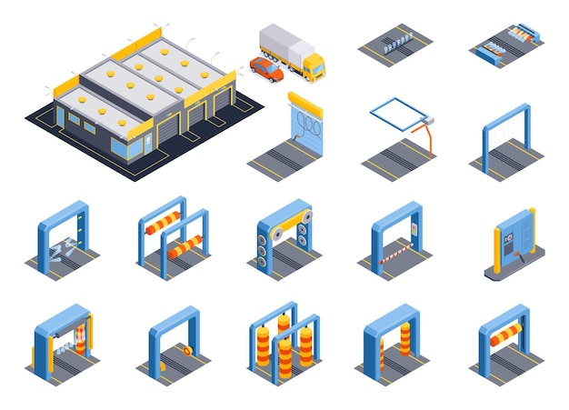 Free Vector isometric automated car washing set with isolated icons of platforms and frames with moving brushes rolls vector illustration